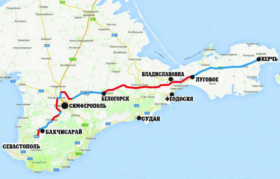 План трассы Таврида Керчь - Севастополь на карте
